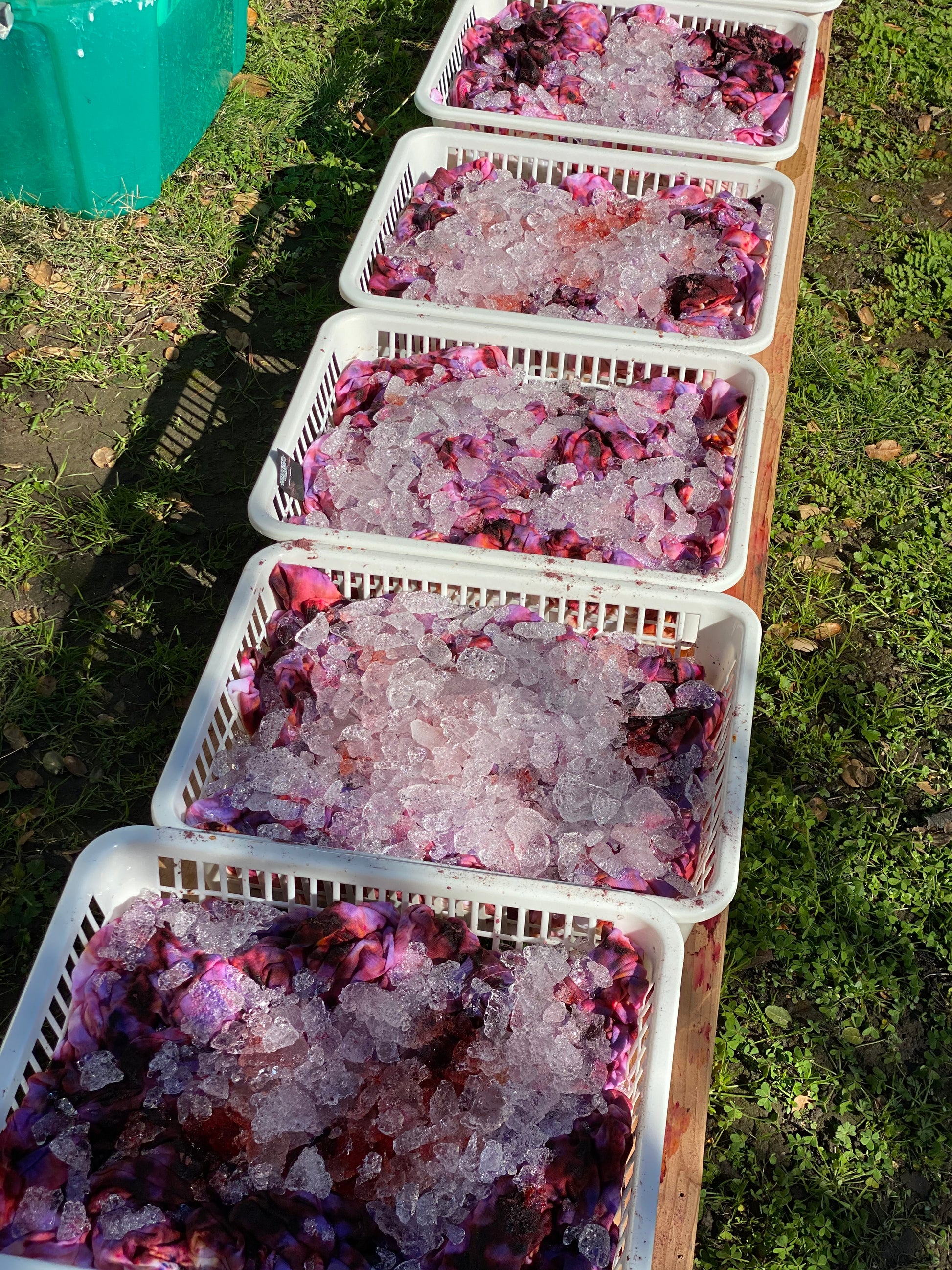 Trays filled with ice and fabric showing dye process for sweatshirts.
