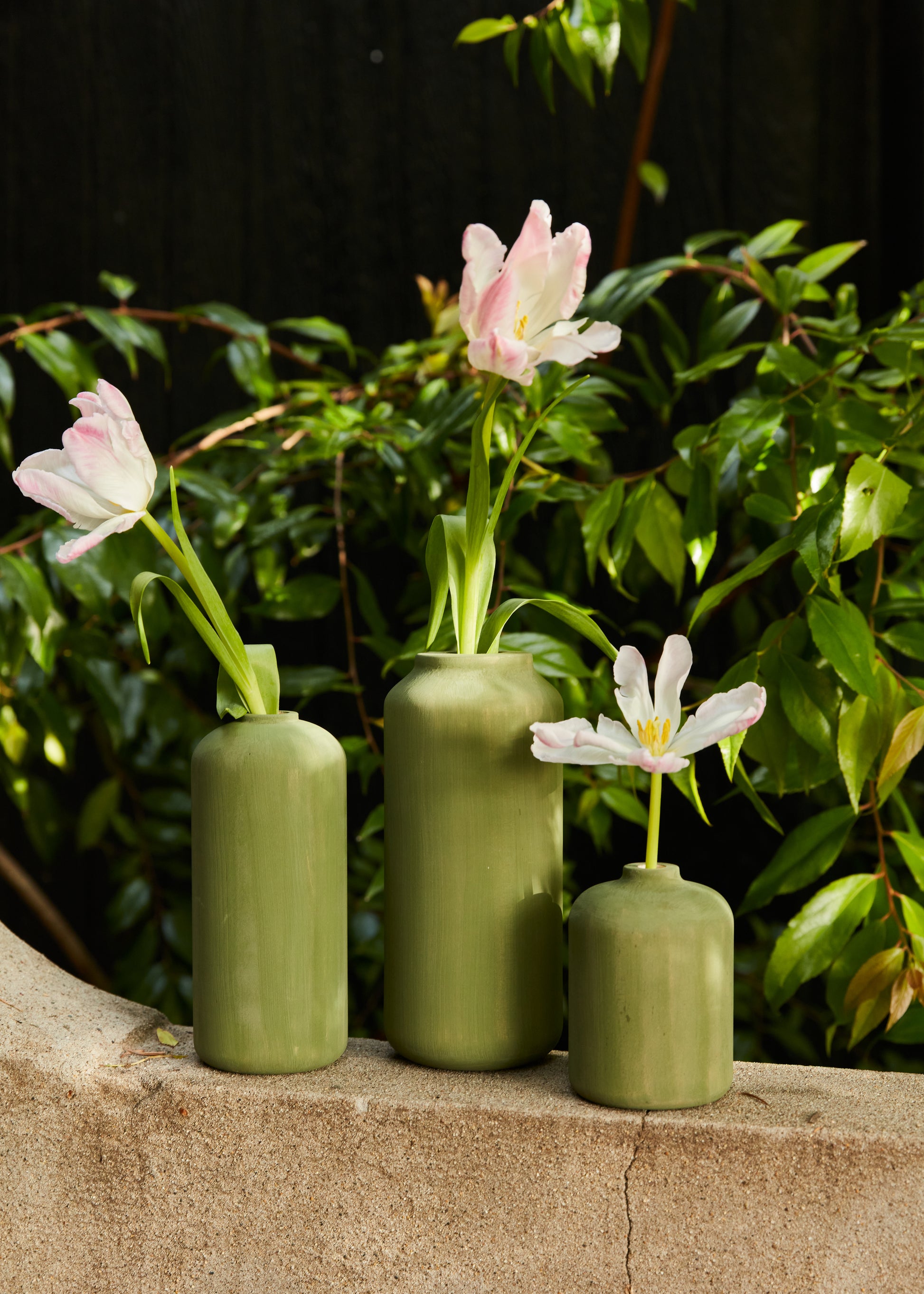 Josef Painted Vases Sage Green by Melanie Abrantes Designs. Vases on concrete wall with greenery in background.