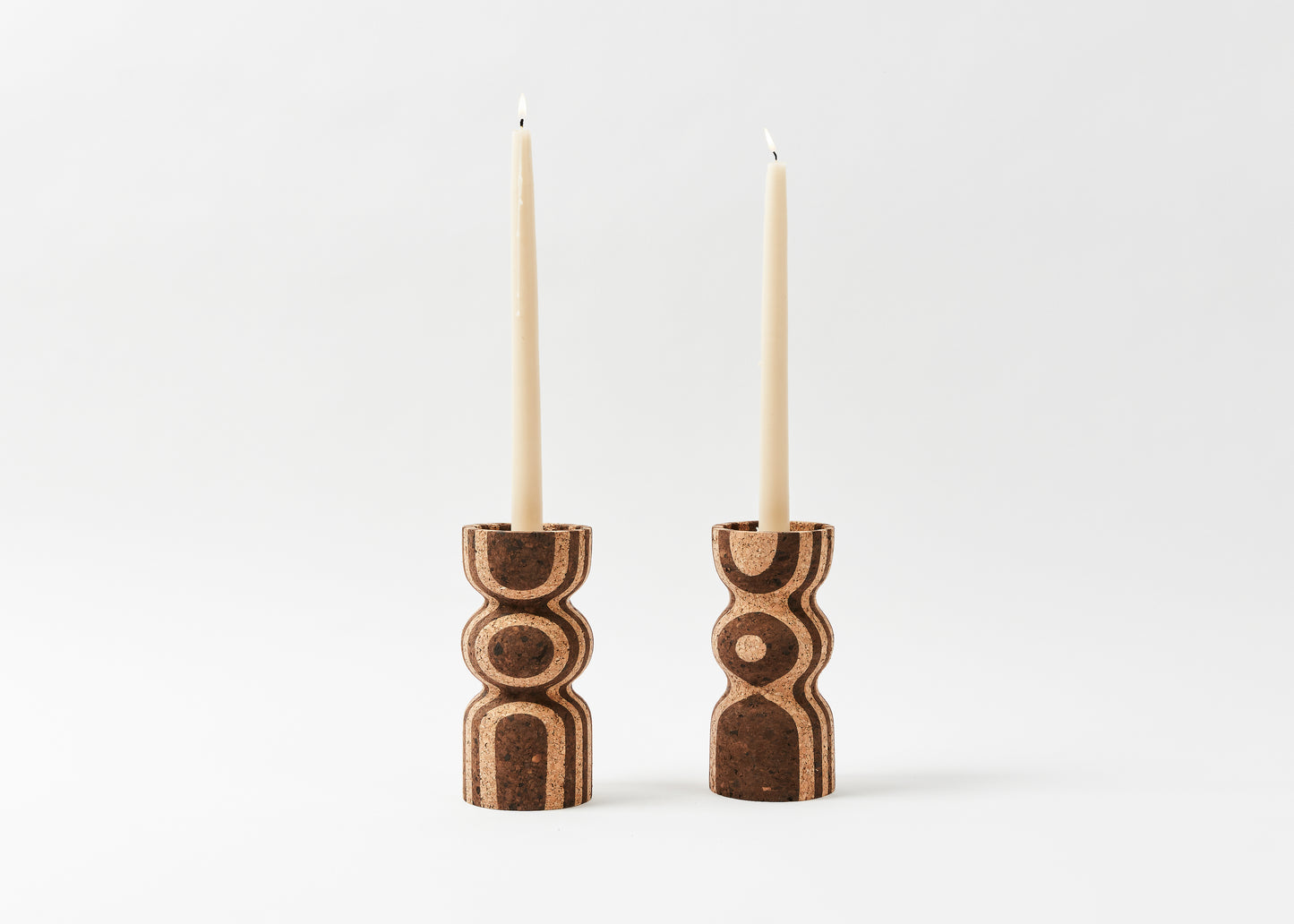 Anni Tall Striped Cork Candle Holder. The dark and light striped cork combined with the curved shape adds interest to any space.
