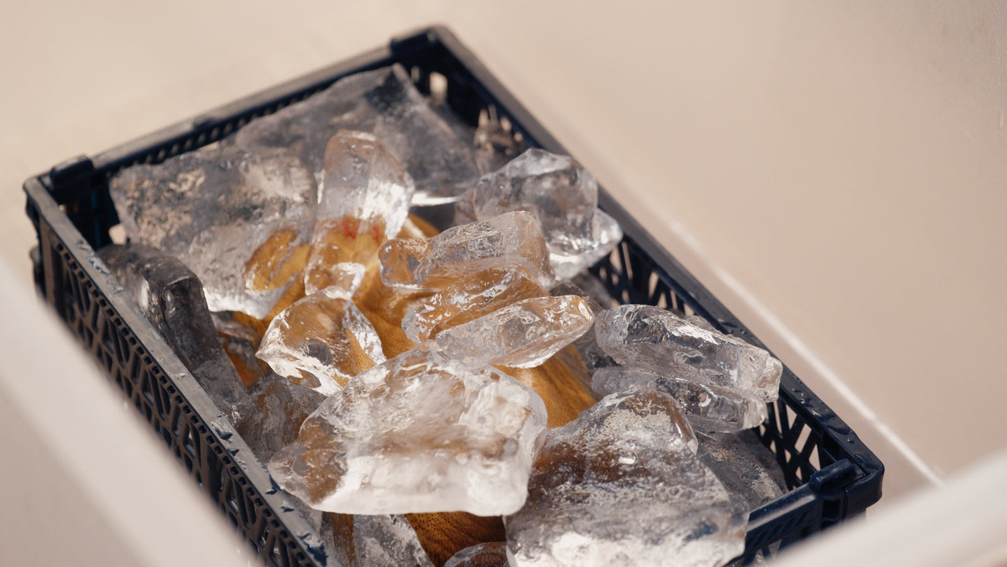 Process of the ice being used in the tray to dye the vase. Next would be to sprinkle the dye.