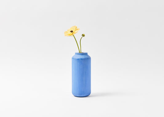 Tall & Wide Vase, hand painted cobalt blue. Yellow flower in the vase. Josef collection by Melanie Abrantes Designs