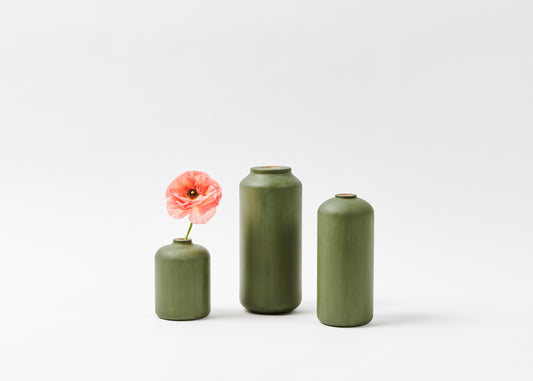Bud vase with pink flower, tall & wide, and tall vase in sage green. Josef hand painted vases by Melanie Abrantes Designs