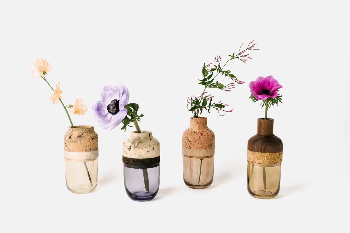 Petit Wood, Cork and Glass Marais Vases. Left to Right: Ruth, Frida, Malala, Marsha | Melanie Abrantes Designs
