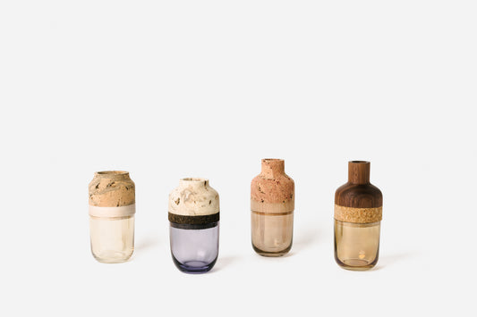 Petit Wood, Cork and Glass Marais Vases. Left to Right: Ruth, Frida, Malala, Marsha | Melanie Abrantes Designs