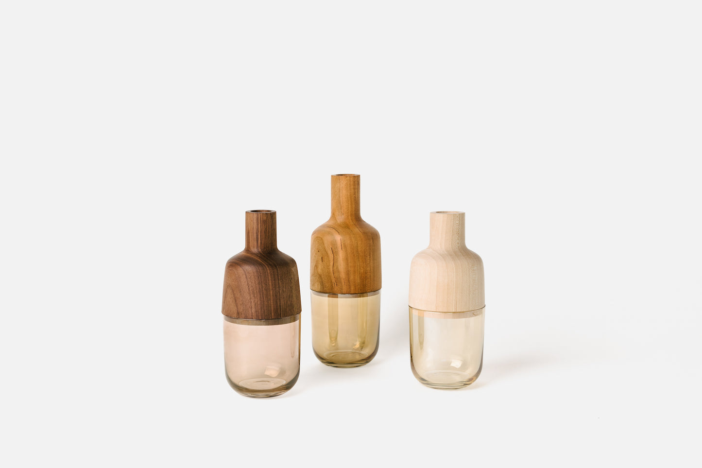 Hardwood and glass Marais Vases. Left to right: Indira, Maya, Greta | Melanie Abrantes Designs