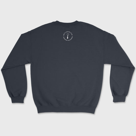 Back of Heather grey crew neck sweatshirt. Reads "Mel's Carving Club / Oakland California" in white font.