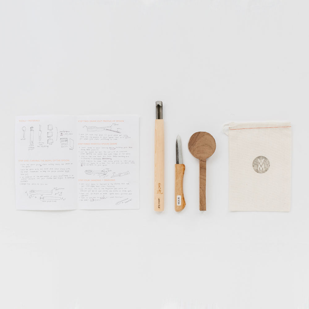 Gift Certificate for Spoon Carving Workshop. Instructions, spoon gouge, Carving knife, spoon blank, and canvas bag. By Melanie Abrantes Designs.