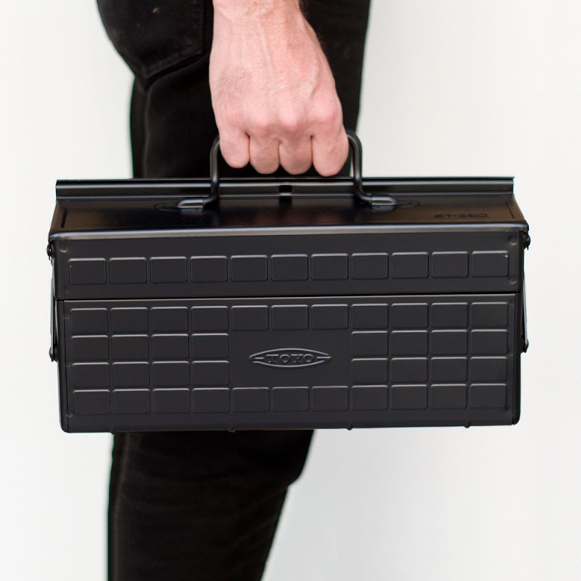 Person holding Japanese Steel Tool Box in Black by Toyo